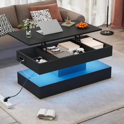 Image de Table basse, éclairage LED, système hydraulique, espace de rangement, dimensions : 100x50x42 cm