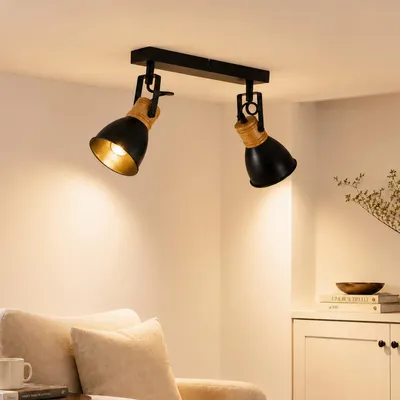Immagine prodotto di ZMH Lampada da soffitto a due luci, nera, attacco E14, stile vintage, ideale per corridoi. Lampada da cucina nera, in metallo e legno, con faretti da soffitto in stile industriale. Lampada da parete per corridoio