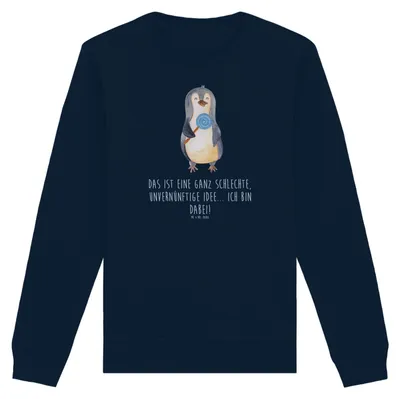 Produktbild von Mr. & Mrs. Panda Baumwoll Pullover Pinguin Lolli Größe XS - French Navy - Geschenk, Sweater, Unvernünftig, Sweatshirt, Süßigkeiten, Nachhaltiger, Spruch, Pulli