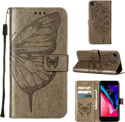 Produktbild von iPhone SE 2020 Hülle, Schmetterling Prägung Flip Leder Kartenfächer Schutzhülle Ledertasche mit Ständer für iPhone SE 2020 / 8 / 7 / 6s / 6 Grau