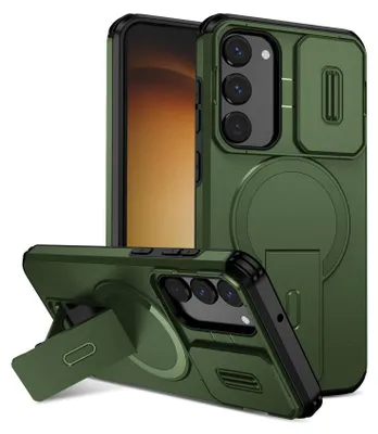 Immagine prodotto di Custodia magnetica per Samsung Galaxy S23+, custodia resistente a due strati con protezione fotocamera scorrevole e supporto regolabile Verde