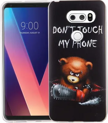 Produktbild von Handy Hülle für LG V30 Cover Case Schutz Tasche Motiv Slim Silikon TPU Schriftzug Bär mit Kettensäge