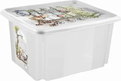 A clear, well-lit studio shot of a white plastic storage box with a lid decorated with a Winnie the Pooh illustration.