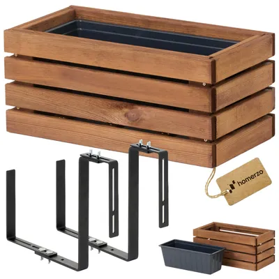 Produktbild von Holz Pflanzkasten Blumenkasten rechteckig – braun imprägniert, mit Kunststoff-Einsatz - Pflanzkübel für Balkon 45x23 H20 + Halter