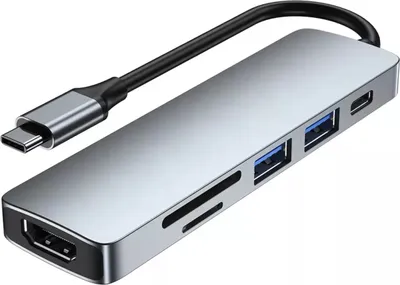 A silver USB-C hub adapter with multiple ports, including HDMI, USB 3.0, SD card reader, and USB-C PD. It is shown on a white background with a black cable extending from the USB-C connector.