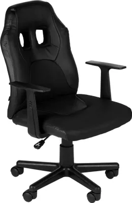 A black gaming chair is shown from a slightly angled front view against a plain white background.
