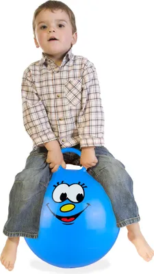 Image de Ballon rebondissant Relaxdays pour enfants, avec visage, ballon rebondissant avec poignée, Ø 45 cm, pour l'intérieur et l'extérieur, supportant jusqu'à 150 kg, bleu