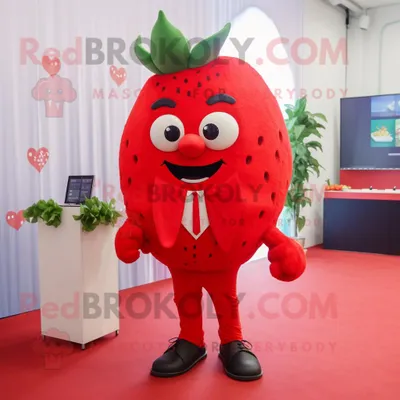 Produktbild von Rote REDBROKOLY Erdbeer Maskottchen kostümfigur bekleidet mit Anzughose und Fußkettchen