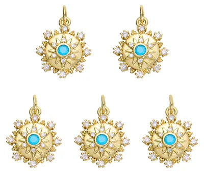 5 Sonnenanhänger, 18K vergoldet, Messing, blauer Zirkonia, Gold