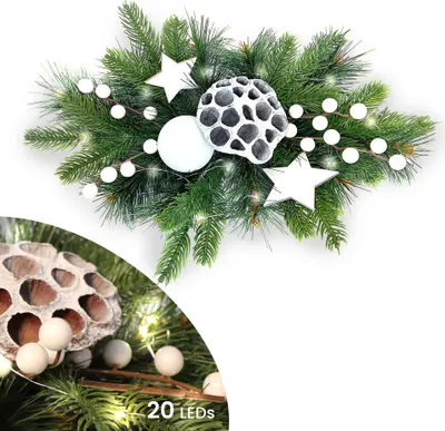Produktbild von Adventsgesteck 26x42cm mit 20 LED warmweiß weißen Dekorationen Tischdeko Weihnachtsdekoration