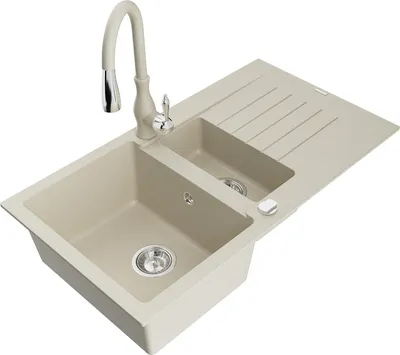 Immagine prodotto di Mexen Matias lavello in granito da 1,5 vasche con sgocciolatoio e rubinetto da cucina Savita, beige - 6502-69-672601-69