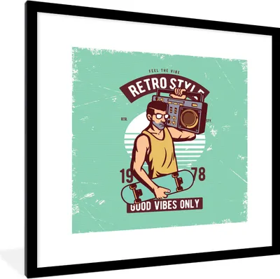 Produktbild von MuchoWow® MuchoWow® Gerahmtes Poster Radio - Mann - Skateboard - Retro 40x40 cm - Poster mit zchwarzem Bilderrahmen - Poster - Plakat im Rahmen