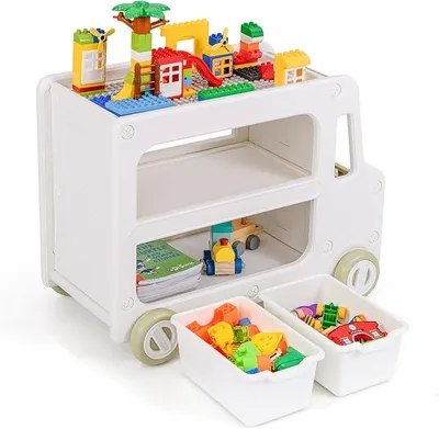 Productafbeelding van Speelgoedrek met wielen, kinderrek met 2 niveaus, inclusief 2 opbergboxen, planken en een legplank. Boekenrek voor kinderen, speelgoedorganizer voor kinderkamers en speelruimtes, afmetingen: 73 x 42 x 56 cm