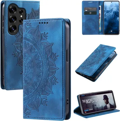 A collage of images showing a blue mandala-patterned phone case for a Samsung Galaxy S25 Ultra.