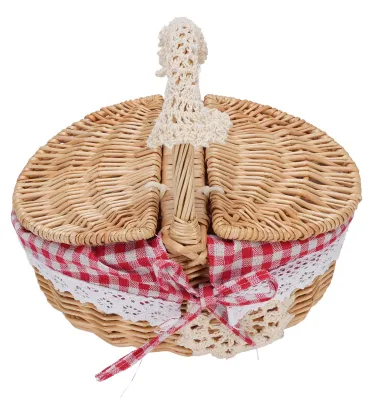 Immagine prodotto di Cesto da picnic in vimini con inserto rimovibile, coperchio vuoto e manico per Pasqua, campeggio, festa della mamma, a quadretti rossi