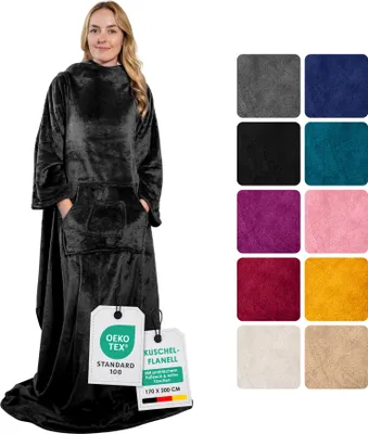Produktbild von heimtexland ® Ärmeldecke TV Kuscheldecke mit Ärmeln Taschen Fußsack Super Soft Flanell tragbare Decke Ganzkörperdecke Typ870 Schwarz 200x170 cm