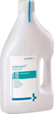 Produktbild von Schülke & Mayr Gigasept Instru AF, 2000 ml, Flasche, Flüssigkeit, 100 g Lösung enthalten folgende Wirkstoffe: 15,6 g Cocospropylendiaminguanidindiacetat, 35 g..., gigasept® instru AF ist ein Konzentrat und wird mit kaltem Wasser zu der gewünschten...