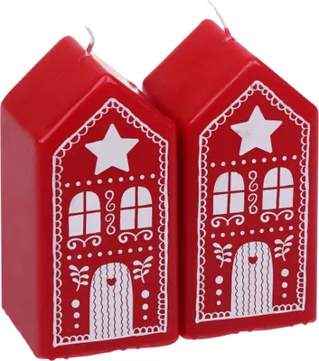 Produktbild von Weihnachtskerzen Häuschen "Lebkuchenhaus", 2er-Pack Rubin Rot 100/50/50