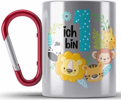 Produktbild von Trendation - 1. Geburtstag Edelstahl Tasse Karabiner Geschenk Becher Erster Bday Geschenkidee 1 Jahr Alt Baby Junge Mädchen KakaoEdelstahl Tasse Karabiner (Rot)