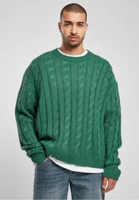 Produktbild von Herren Oversize Pullover Grün L mit Zopfmuster, gerippten Bündchen und weit überschnittenen Schultern