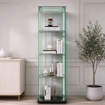 Immagine prodotto di INONEFT, vetrina espositiva per collezionisti con illuminazione a LED e 4 ripiani, vetrina a colonna, mobiletto espositivo, ideale per oggetti da collezione, colore nero, dimensioni 39,8 x 35 x 163 cm