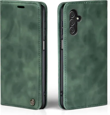 A green flip cover case for a Samsung Galaxy A14 / A14 5G phone, shown from the front and back.