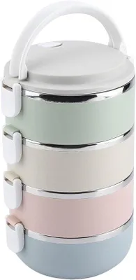 Produktbild von Famanu Thermobox 4 Schichten - Tragbarer Edelstahl - Stapelbarer, auslaufsicherer Bento-Behälter für Schule, Büro, Zuhause, Picknick - 2800ml