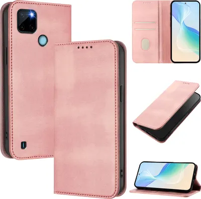 Produktbild von Handyhülle für Realme C21Y, Vintage Leder RFID Schutz Kartenfach Standfunktion Magnetische Klapphülle Pink