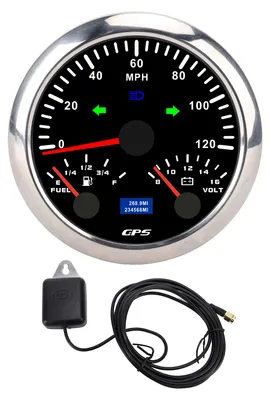 Immagine prodotto di 85 mm (3-3/8 pollici) Tachimetro GPS 3 in 1, contachilometri con voltmetro, indicatore del livello del carburante, indicatori di direzione, 120 MPH per camper, yacht, camion, 7 colori