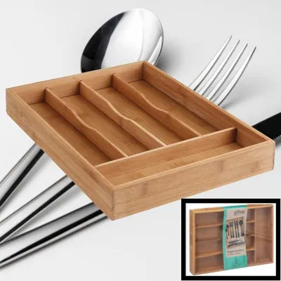 Productafbeelding van Decopatent® Bamboe Bestekbak 5 Vaks - Besteklade Organizer - Bestek Opbergen - Opbergbak - Bestekcassette - Hout - 25x34x4.3 Cm