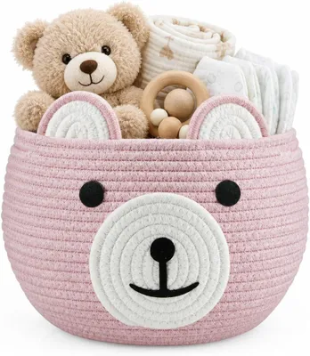 Productafbeelding van Katoenen touw babymand - Baby geschenkmand kinderkamer wasorganizer met schattig - Luier caddy met handvat (roze)