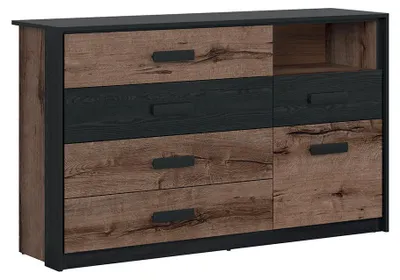 Produktbild von Kommode Romane mit 5 Schubladen und 1 Tür, Holzoptik und Schwarz, 150cm