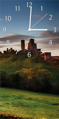 Produktbild von Wallario Design Wanduhr bedruckt, Größe 30 x 60 cm, Motiv: Schlosspanorama in England bei Sonnenaufgang