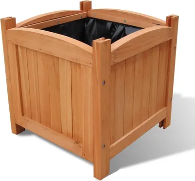 A wooden planter box with a black liner, shown against a white background.