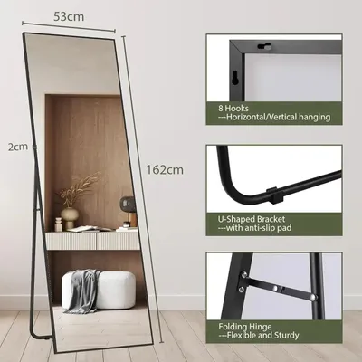 Immagine prodotto di Specchio a figura intera - Specchio - Specchio a figura intera da pavimento - 162x53 cm - Cornice in alluminio nero - Forma rettangolare