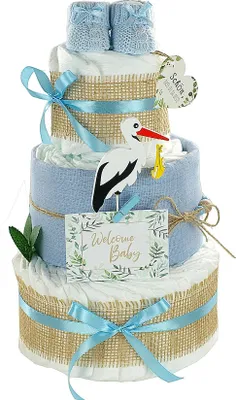 Produktbild von Windeltorte Storch mit Bündel | inkl. Babybooties und Mullwindel | blau