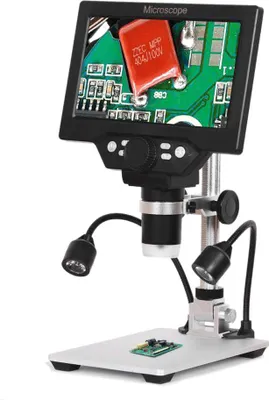 Obrázek produktu pro G1200 Digitální mikroskop 7palcový barevný LCD displej s velkou základnou 12MP 1-1200X Kontinuální lupa se stojanem z hliníkové slitiny se dvěma plnicími světly