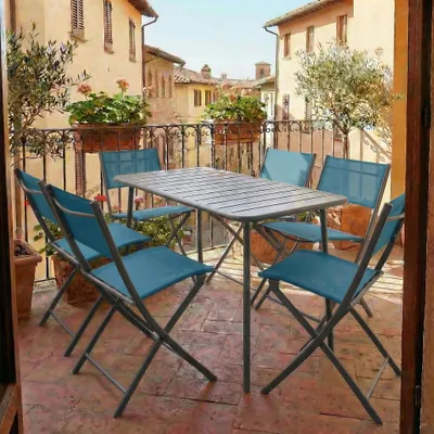 Produktbild von VCM 7-teilig Balkonmöbel Set, Gartentisch 110x55 cm mit 6 Klappstühlen, Metall & Textilene, wetterbeständig, platzsparend für Balkon & Terrasse, Sumila