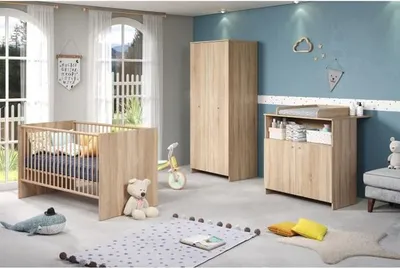 Image de Chambre Bébé Trio, Lit 70x140 cm, Commode à Langer 2 Portes, Armoire 2 Portes,Reproduction Chêne Naturel