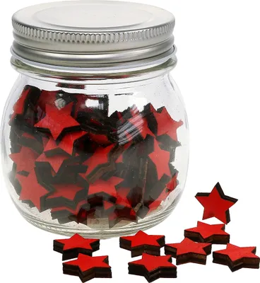Produktbild von Weihnachtsdeko Glas mit Holzsternen Rot 9cm - Festliche Streudeko und Bastelsterne