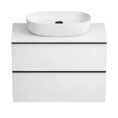 Produktbild von Waschbeckenunterschrank ONE mit Abdeckplatte 2 große Schubladen Weiß Hochglanz 60x50x46 hängend Badmöbel schwarze Griffe Badezimmermöbel