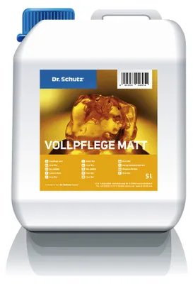 A white plastic jerrycan with a label for Dr. Schutz Vollpflege matt.