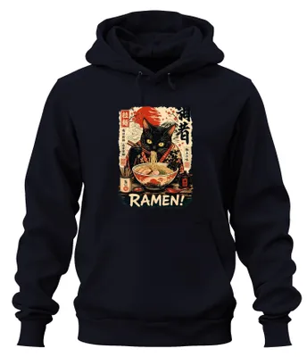 Productafbeelding van RAMEN! Zwarte Kat Japan Anime Manga Noedels Y2K Otaku Hoodie, marineblauw, maat M