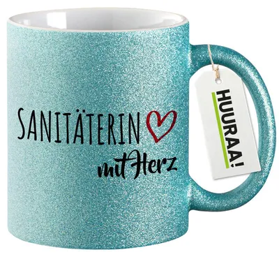 Produktbild von Huuraa Glitzertasse Sanitäterin mit Herz 330ml Blau Keramik Kaffeebecher Geschenkidee