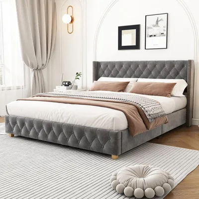 Obrázok produktu pre Postel s čalúnením – Velvetová posteľ – Jednolôžková posteľ – Šedá velvetová potiahnutie – 140x190 cm