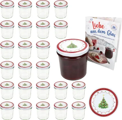 A set of glass jars with lids, a jar of jam, and a recipe book, arranged on a white background.
