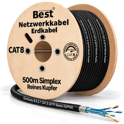 Produktbild von B.E.S.T. 500 m CAT 8.1 Outdoor Netzwerkkabel S/FTP 40 Gbit/s 2000 MHz AWG 23/1 Kupfer PE Schwarz
