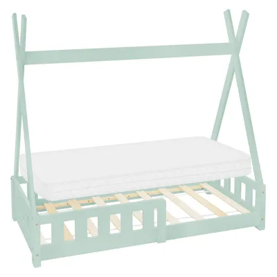 A mint green tipi-style children's bed with a mattress and wooden slats, shown against a white background.