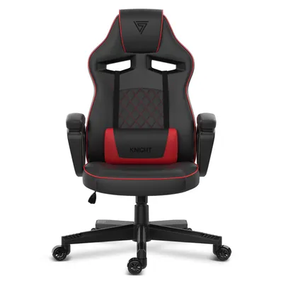 A black and red gaming chair is shown from the front on a white background.