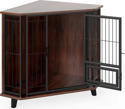 Zdjęcie produktu dla COSTWAY Narożna klatka dla psa, buda dla psa z zamykanymi drzwiczkami i 3 drewnianymi nogami, klatka dla małych średnich psów 60 x 60 x 71,5 cm Brązowy